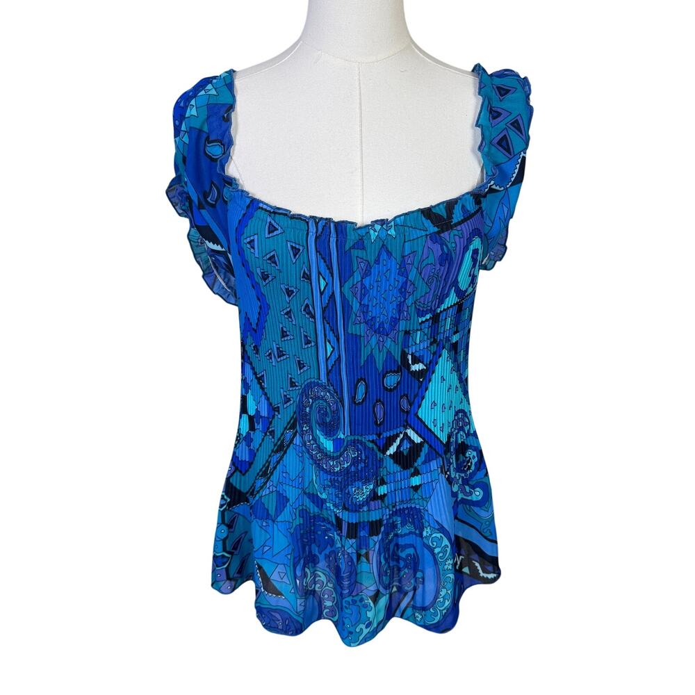 Jennifer Lloyd Blue Square Neck Ruffle Geometric Top US Womens M